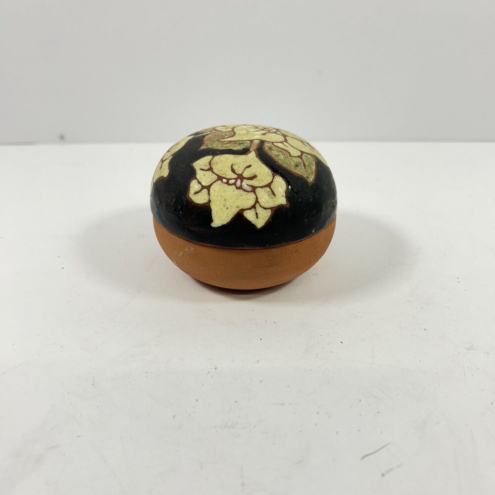 Vintage Tonala Mexican Pottery Round Lidded Trinket Box Hand Painted Floral